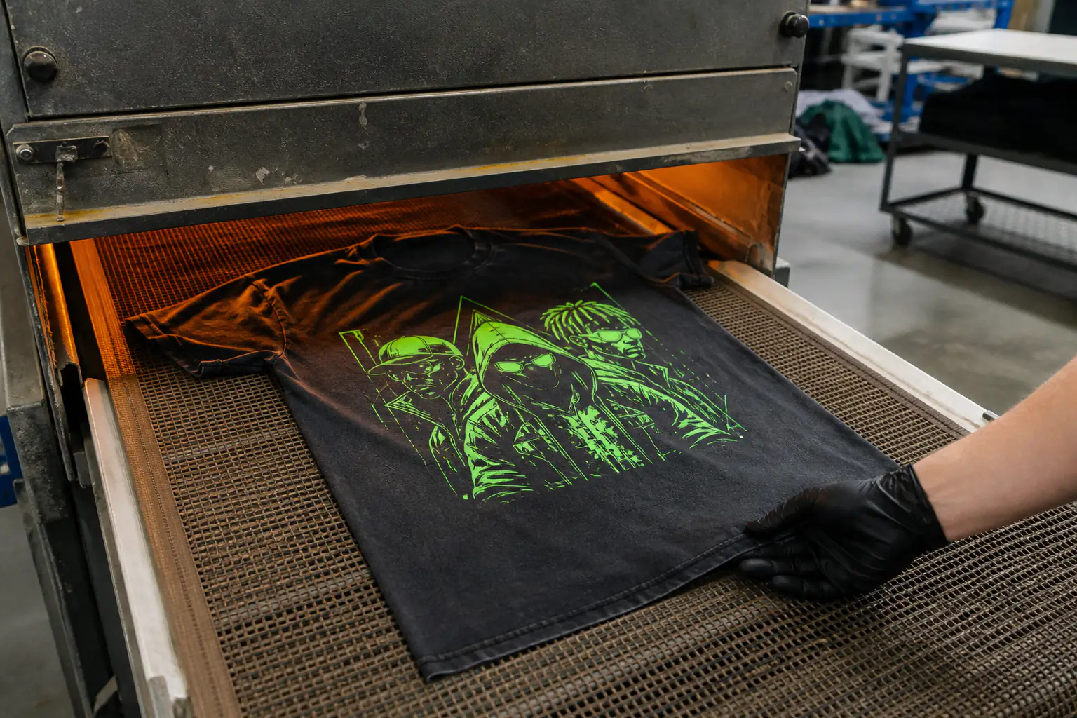 Washed black graphic T-shirt moving through a conveyor dryer