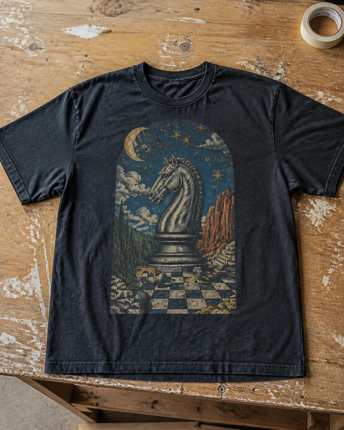 Washed black T-shirt with a detailed full-color chess-knight DTF print