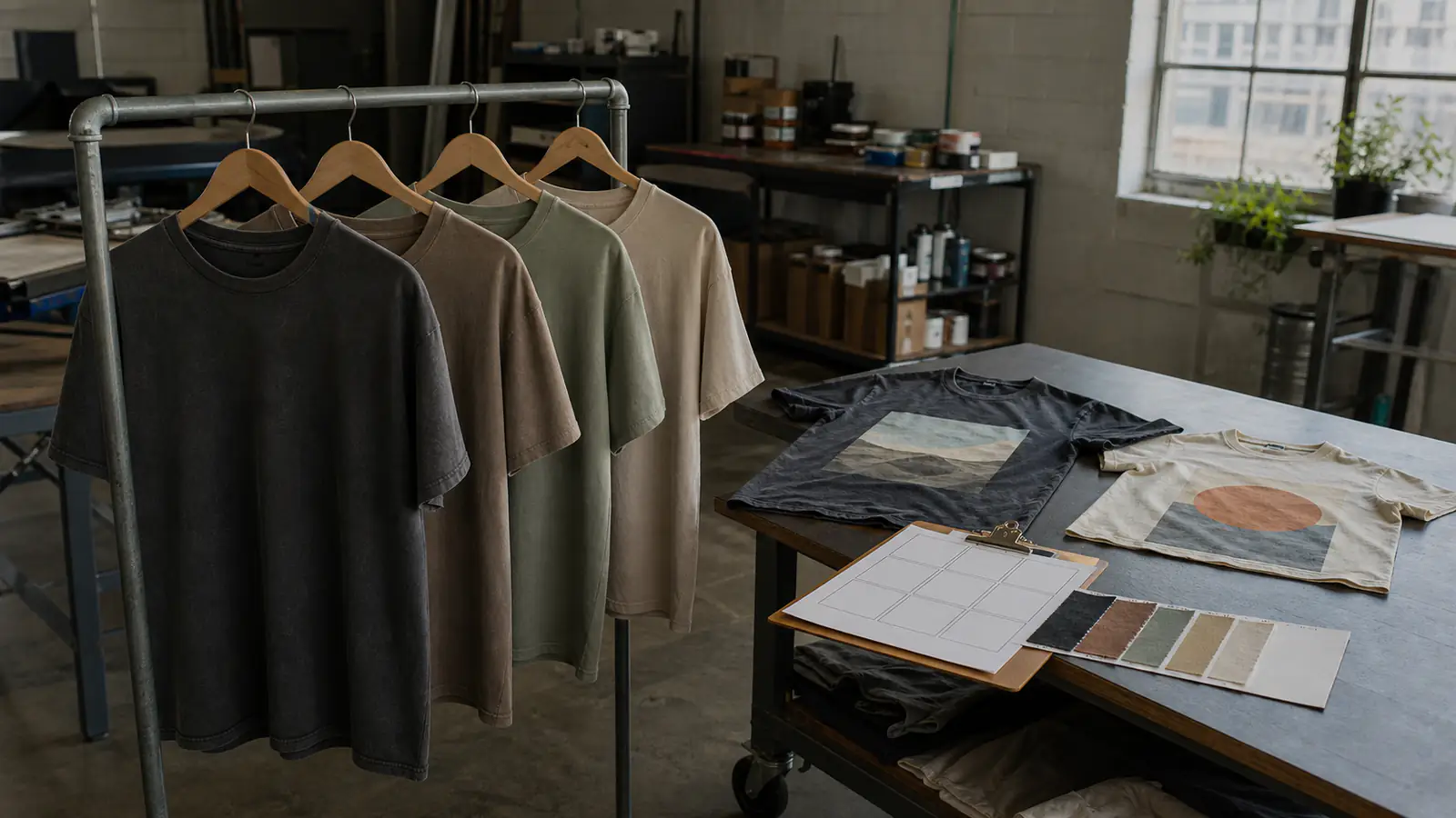 Blank garments, printed samples, and color swatches arranged for merch planning