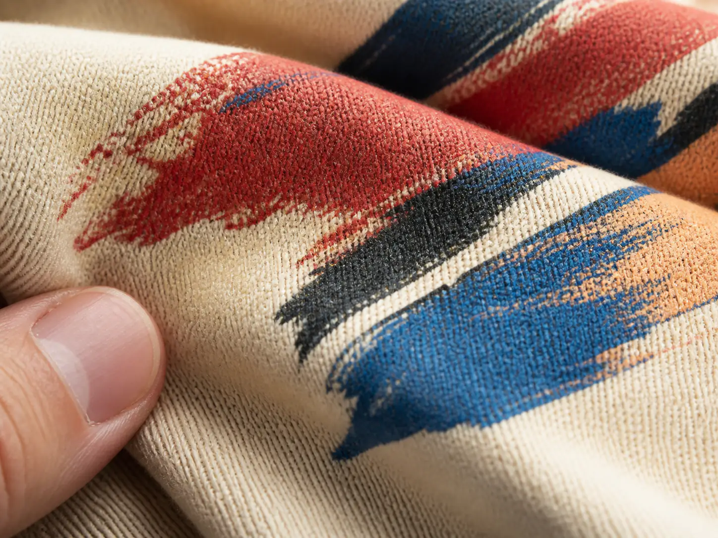 Close-up of a crisp red, blue, and black DTF print on a cream sweatshirt