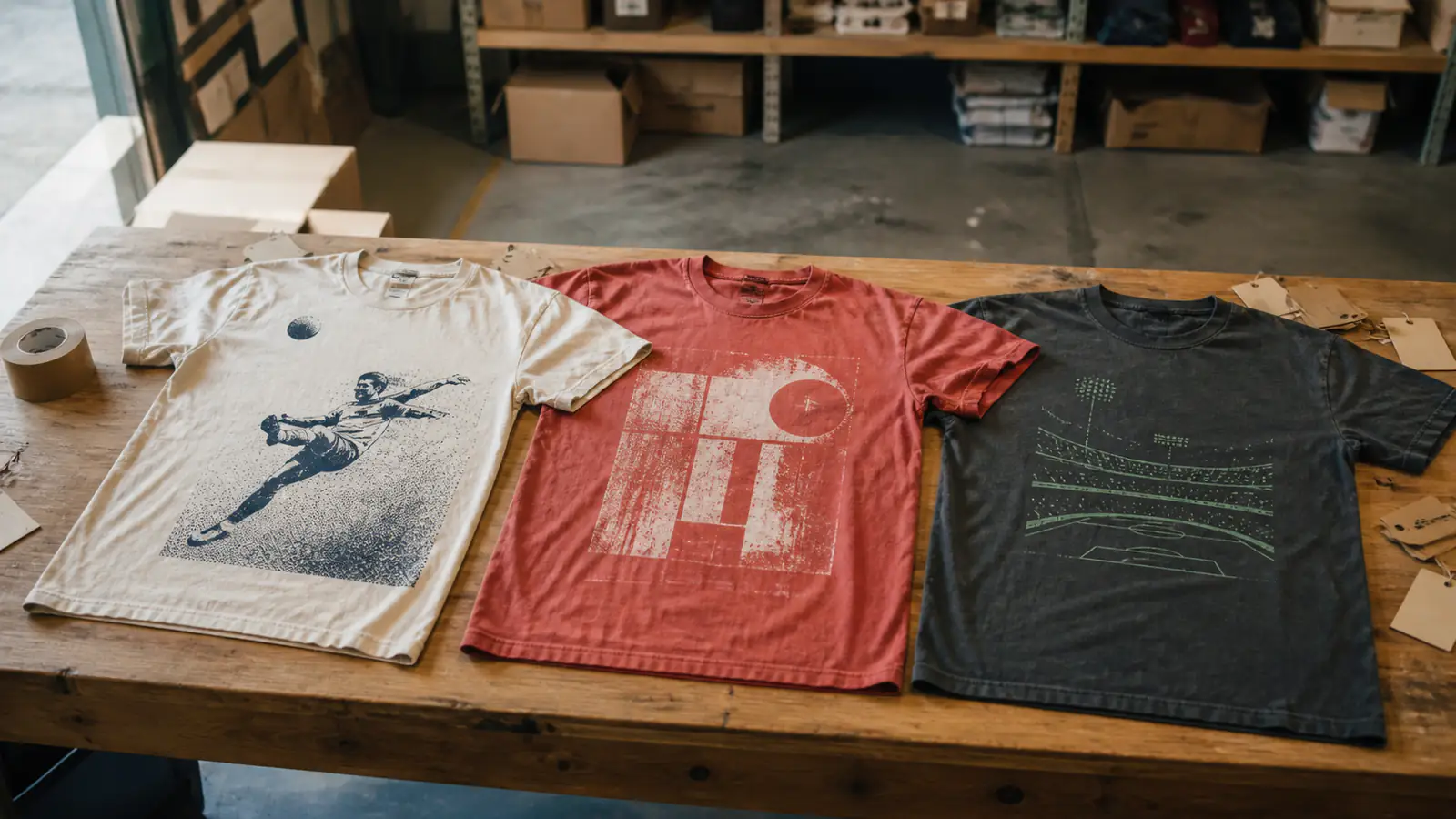 Three washed football-inspired graphic T-shirts arranged on a workbench