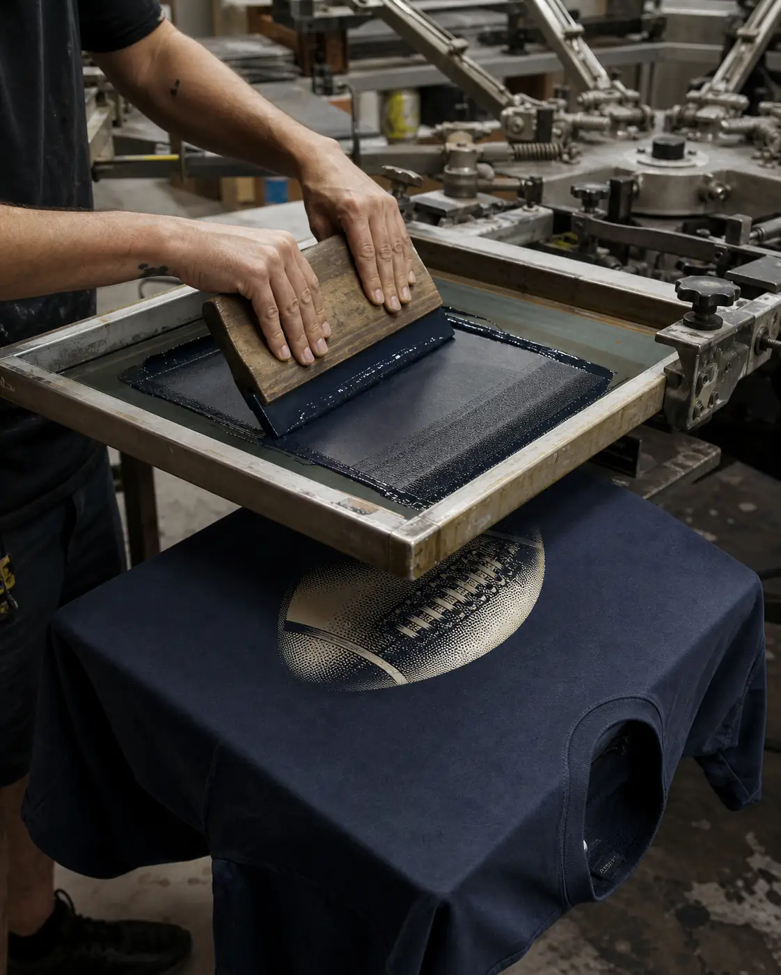 Printer pulling navy ink through a mesh screen on a manual carousel