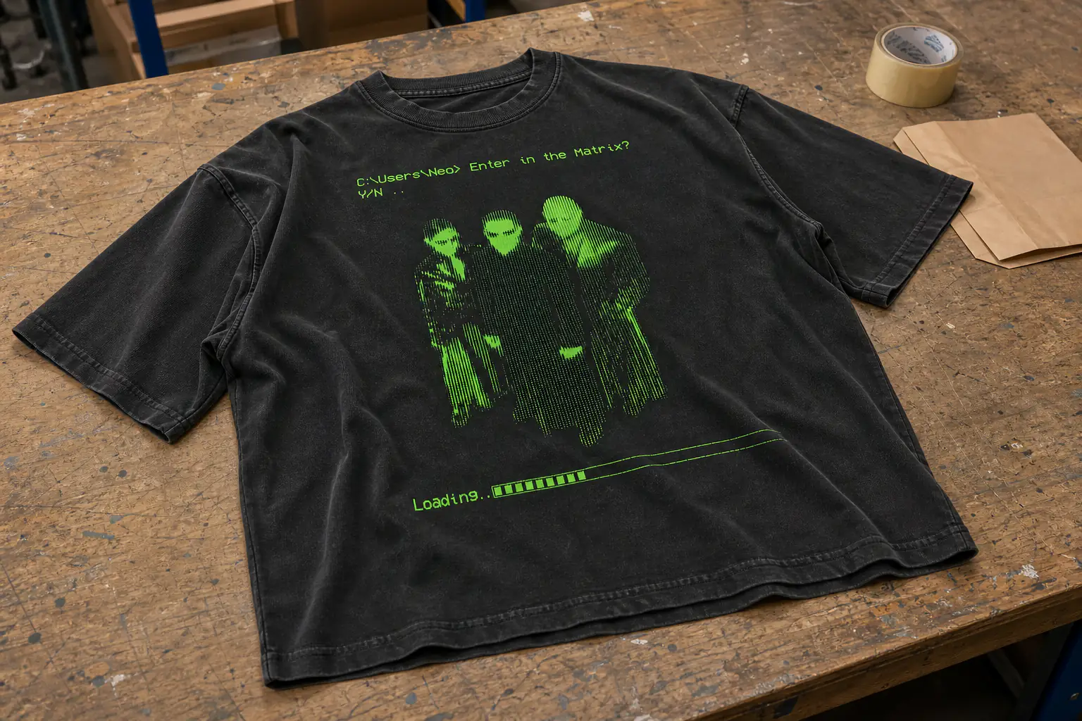 Washed black T-shirt with a bright green screen print on a worktable